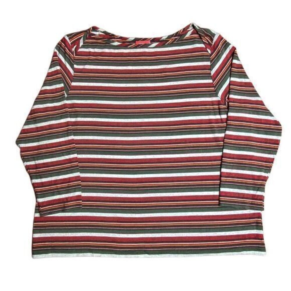 LL Bean Travelers Striped 3/4 Sleeves Top Shirt Womens Large Red Olive Gray‎